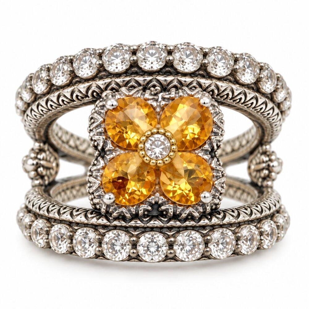 Barbara Bixby 925 Sterling Silver 18K Gold Citrine Flower Split Shank Ring Sz 7